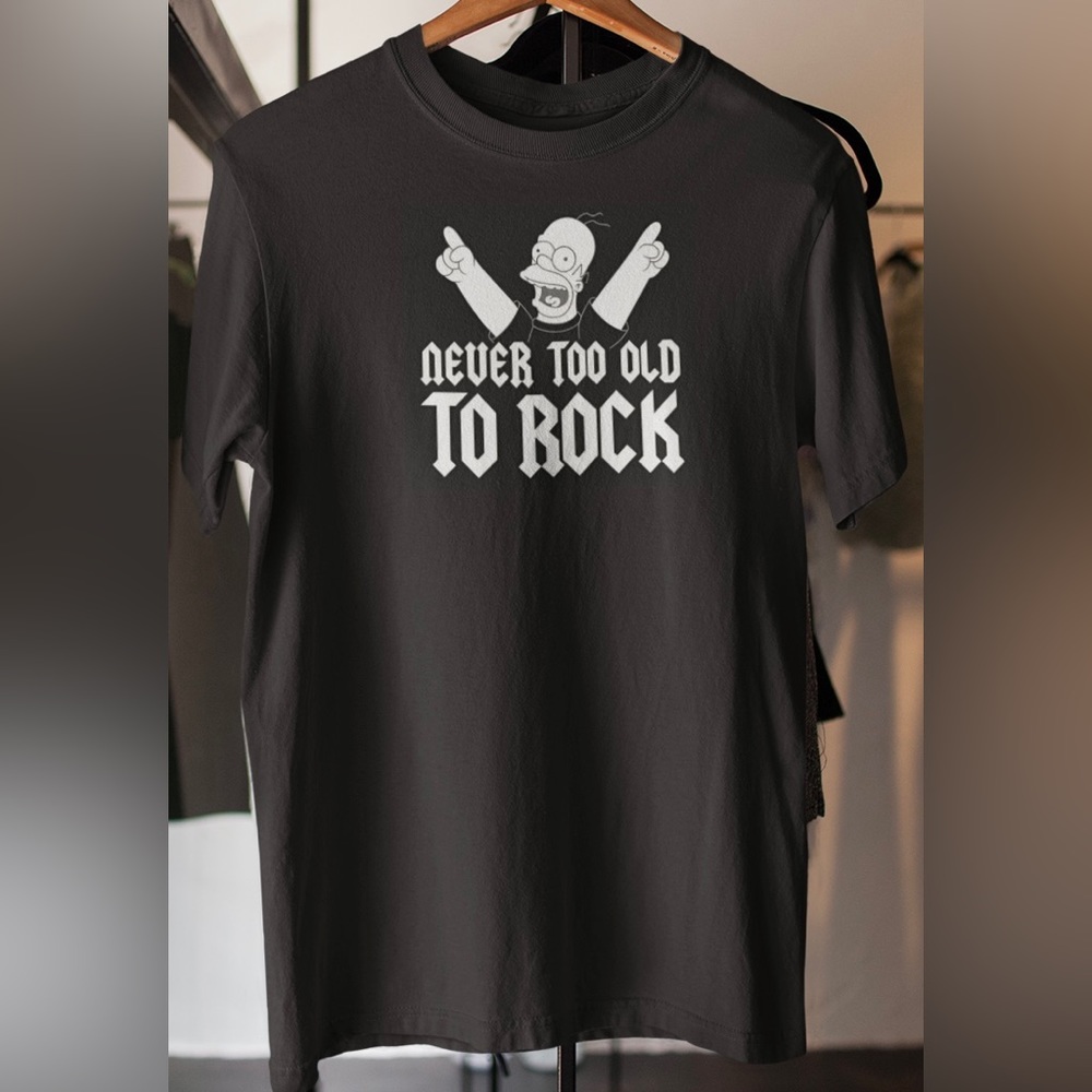 The Simpsons Homer Simpson Never Too Old To Rock & Roll Men’s Black Tee NWT